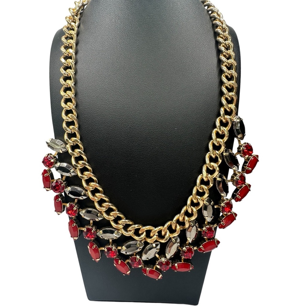 MIKA Yellow Gold Tone Chain Statement Necklace Red Gray Costume Bib Glamcore